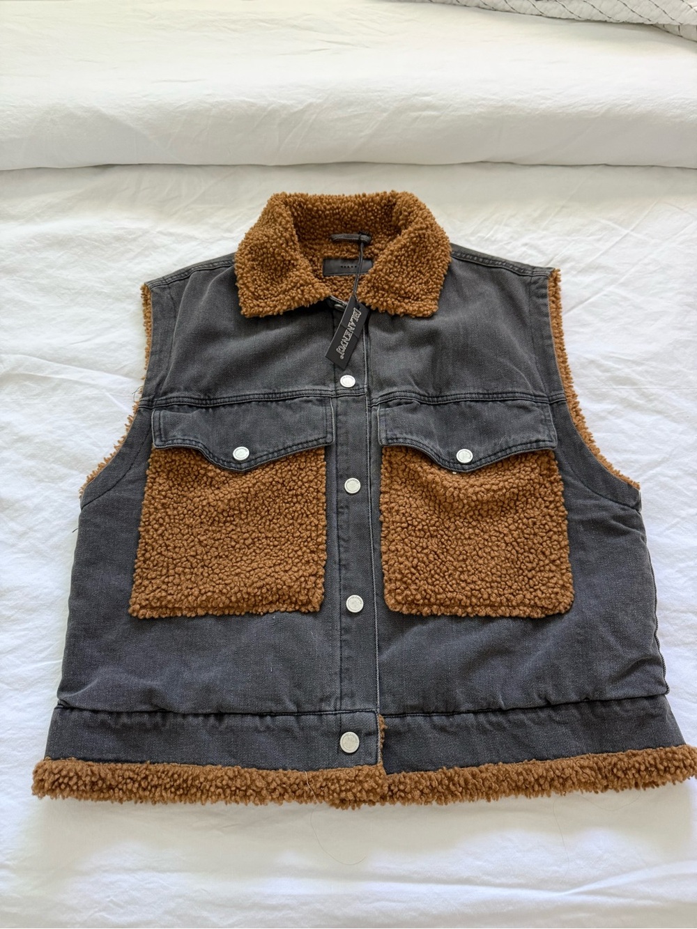 Blank NYC Sherpa-Trim Denim Vest in Charcoal and Brown